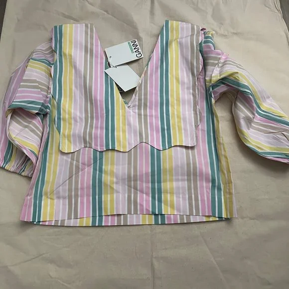 NWT Ganni Multicolor Stripe Cotton Rhythm Collar V-neck NWT Ganni Multicolor Stripe Cotton Rhythm Collar V-neck